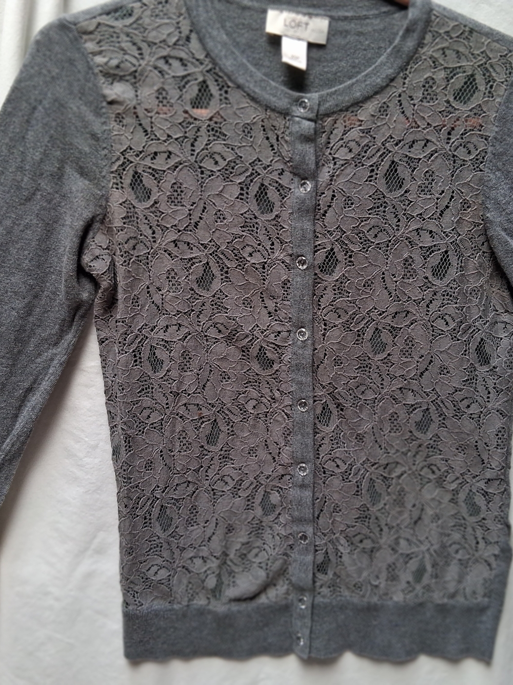LOFT Gray Lace Front Button-Down Cardigan